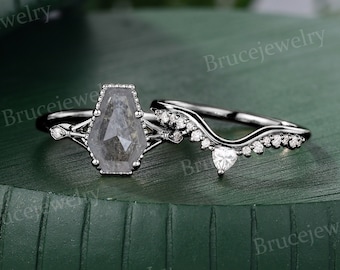 Coffin Shaped Salt and Pepper Diamond Black Gold Engagement ring set Black Ruthenium Moissanite Bridal ring set Promise Anniversary ring