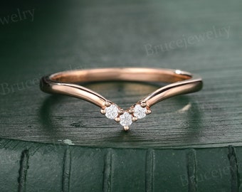 Moissanite Curved Wedding band Vintage Rose gold Wedding band Unique Three stone Diamond Stacking band Promise Anniversary band for her
