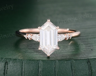 Unique Elongated Hexagon cut Moissanite Engagement ring Vintage 14k Rose gold Pear shaped Moissanite ring Diamond Bridal ring for Women