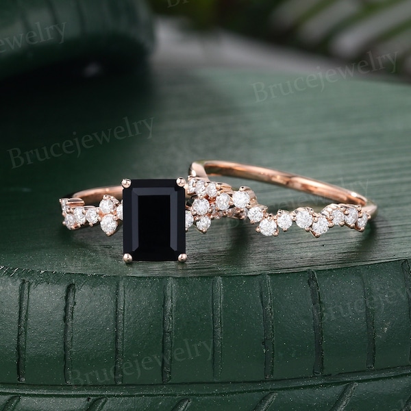 Smaragd geschnitten schwarzer Onyx Verlobungsring Set Vintage Rose Gold Brautring Set Diamant Ehering-Set für Frauen Versprechen Jahrestag Ring