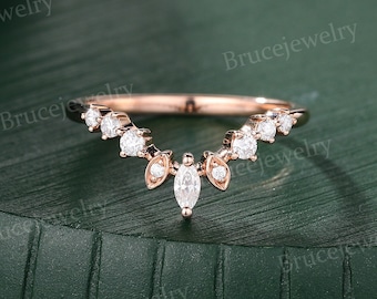 Marquise geslepen moissaniet gebogen trouwring vintage roségouden chevron trouwring unieke diamant bijpassende stapelen band verjaardag ring