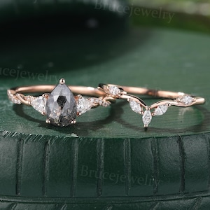 Pear cut Salt and Pepper Diamond Engagement ring set Vintage Rose Gold trillion cut Moissanite Bridal set Twist wedding Anniversary ring set