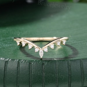 Marquise Moissanite Curved Wedding band Vintage Yellow gold Diamond Wedding band V shaped Matching Stacking band Promise Anniversary ring