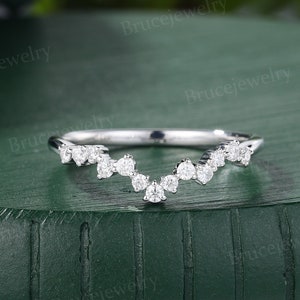 Moissanite Curved Wedding band Vintage White gold Curved Wedding band Unique Diamond Matching Stacking band Promise Anniversary ring gift