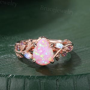 Pear Pink Opal Engagement ring Unique Bridal ring Vintage rose gold Amethyst ring Marquise Moonstone ring leaf Promise ring Anniversary ring