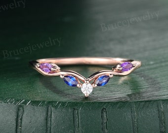 Marquise cut Moissanite Wedding band Vintage Rose gold Blue sapphire Amethyst Wedding band Unique Diamond Matching Stacking Promise band