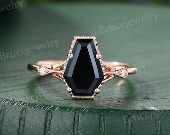 Coffin shaped Black onyx Engagement ring Vintage Rose gold Coffin cut Moissanite ring Unique Diamond Three Stone ring Anniversary ring gift