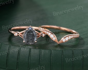 Pear Shaped Salt and Pepper Diamond Engagement ring set Vintage Rose Gold Bridal ring set wedding ring set Promise Anniversary ring for her