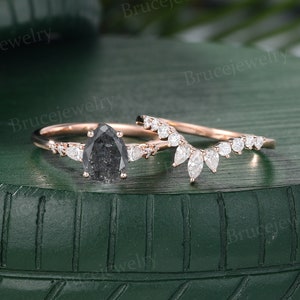 Pear Shaped Salt and Pepper Diamond Engagement ring set Rose Gold Marquise cut wedding band Antique Bridal ring Promise Anniversary ring