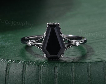 Coffin Shaped Black Onyx engagement ring vintage Black Gold Coffin cut Moissanite ring unique Diamond three stone ring anniversary ring gift