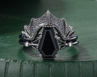 Coffin cut Black Onyx engagement ring set Gothic Black Gold Moissanite ring Diamond three stone bat ring Hollow-out marriage ring Bridal set