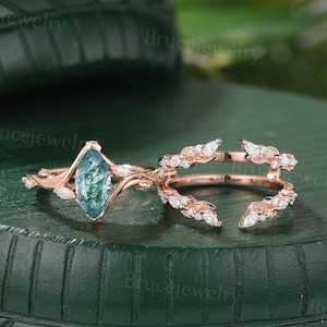 Marquise Moss agate Engagement ring set Unique Bridal set rose gold moissanite ring Enhancer band diamond ring Promise ring anniversary ring