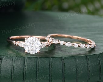 Unique Moissanite Engagement ring set Vintage Rose gold Pear cut Ring Marquise Diamond Bridal set Half eternity marriage ring Promise ring