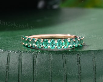 Oval cut Emerald Wedding band Vintage Rose gold Wedding band Half Eternity Stacking band Delicate Promise ring Antique marriage ring for her