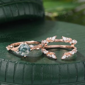 Moss agate Engagement ring set Unique Bridal set rose gold ring moissanite ring Enhancer band diamond ring Promise ring anniversary ring