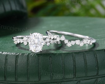 Oval cut Moissanite Engagement ring set Vintage White Gold Bridal ring set Diamond wedding ring set for Women Promise Anniversary ring