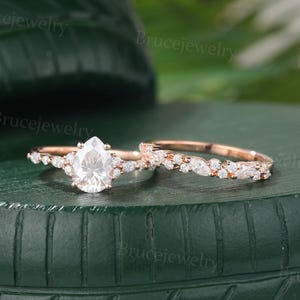 Pear shaped Moissanite Engagement ring set Unique Bridal set rose gold ring Marquise Diamond ring Promise ring Anniversary ring