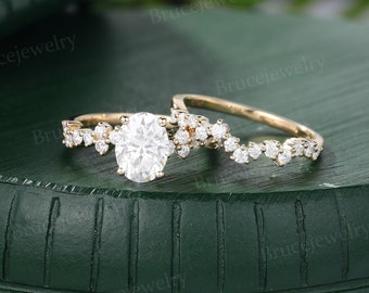Oval cut Moissanite Engagement ring set Vintage Yellow Gold Bridal ring set Diamond wedding ring set for Women Promise Anniversary ring