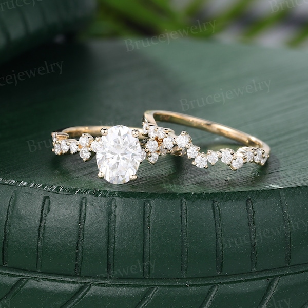 Ensemble de bagues de fiançailles en moissanite de taille ovale, ensemble de bagues de mariée vintage en or jaune, bague de mariage en diamants pour femme, bague d'anniversaire de promesse