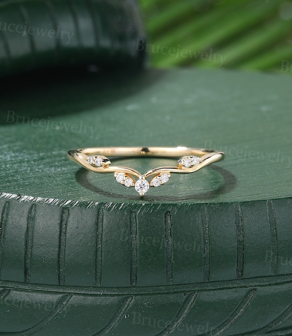 Unique moissanite curved wedding band Vintage yellow gold diamond wedding band Dainty women matching ring Stacking band Promise band