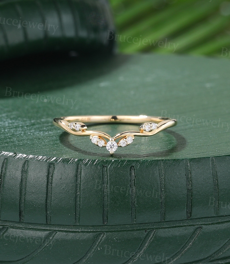 Unique moissanite curved wedding band Vintage yellow gold diamond wedding band Dainty women matching ring Stacking band Promise band image 1