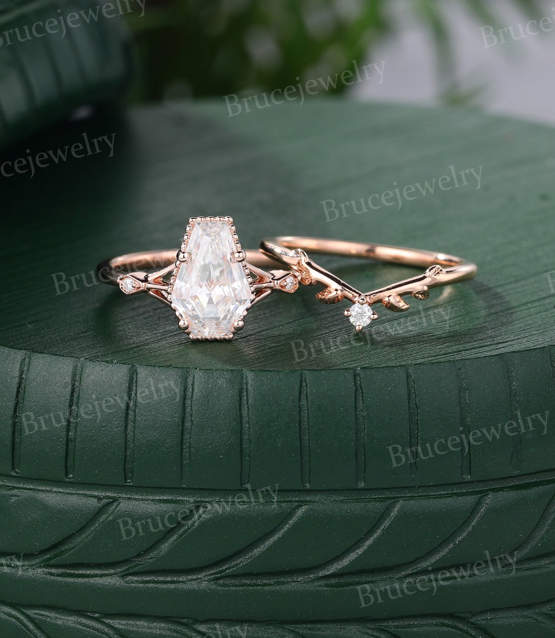 Coffin Shaped Moissanite Engagement Ring Set Vintage Rose Gold Coffin