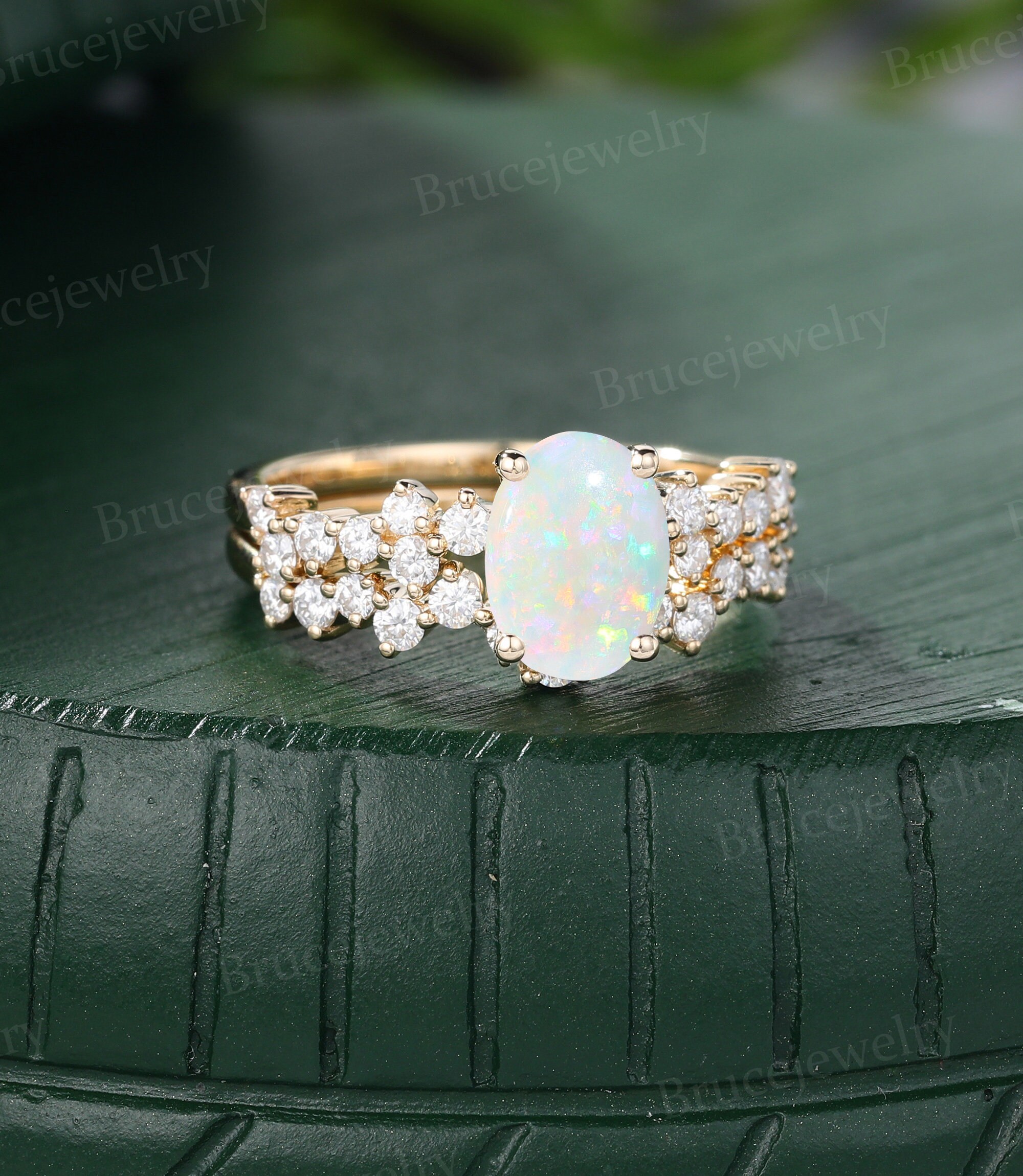 Oval Cut Natural Opal Engagement Ring Set 14K Yellow Gold Moissanite ...