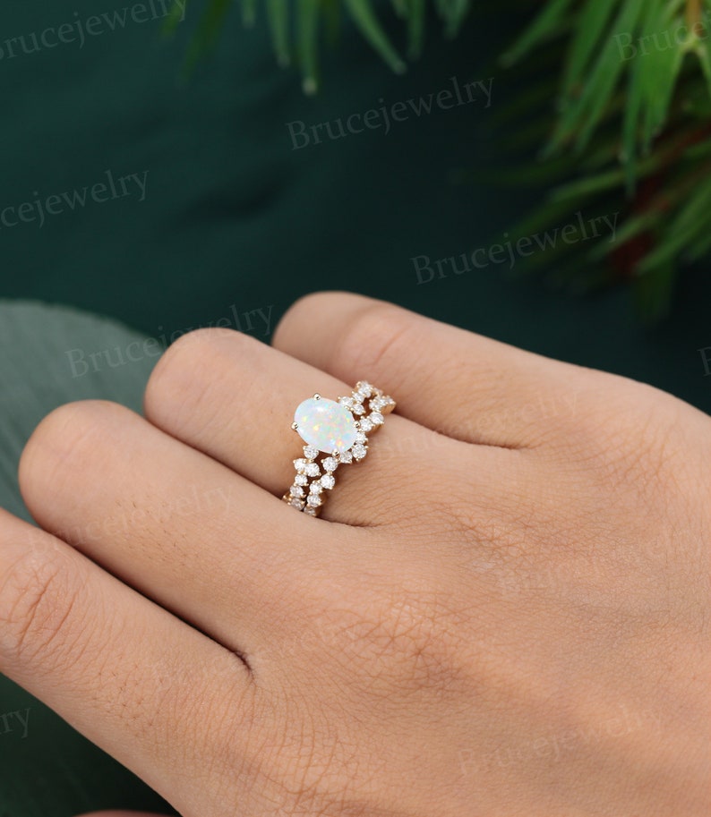 Oval Cut Natural Opal Engagement Ring Set 14K Yellow Gold Moissanite ...