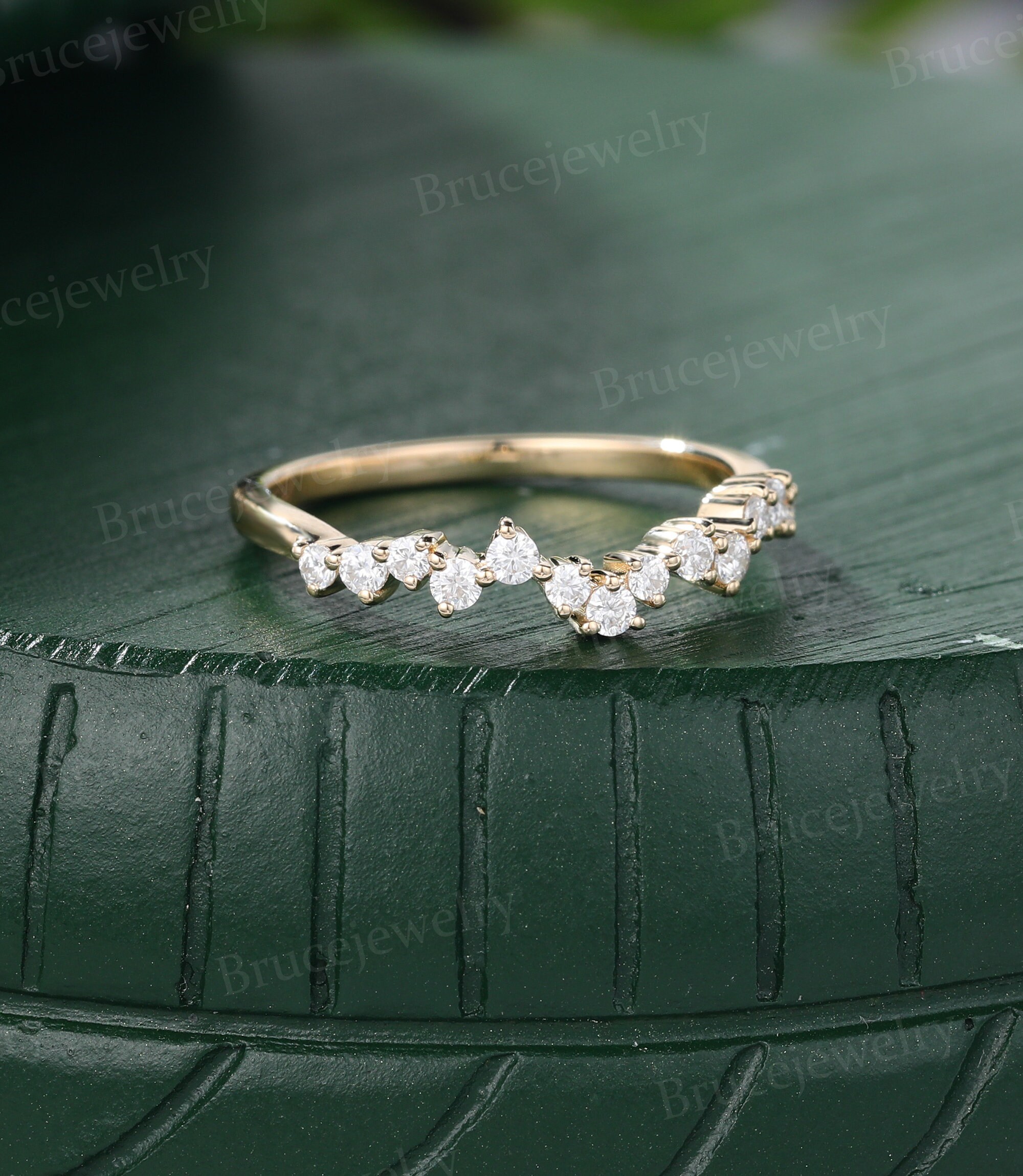 Moissanite Wedding Band Vintage Yellow Gold Curved Wedding Band Unique ...