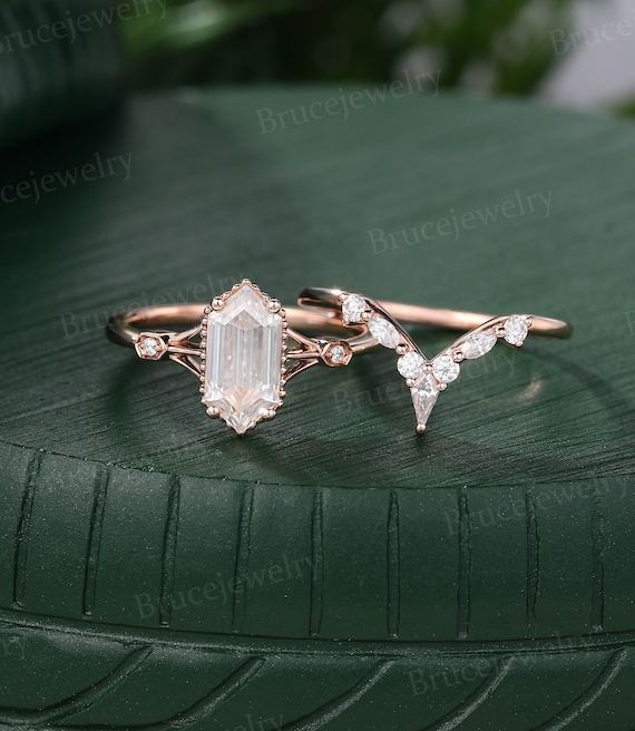 Elongated Hexagon Moissanite Engagement Ring Set 14K Rose Elongated Hexagon Moissanite Engagement Ring Set 14K Rose