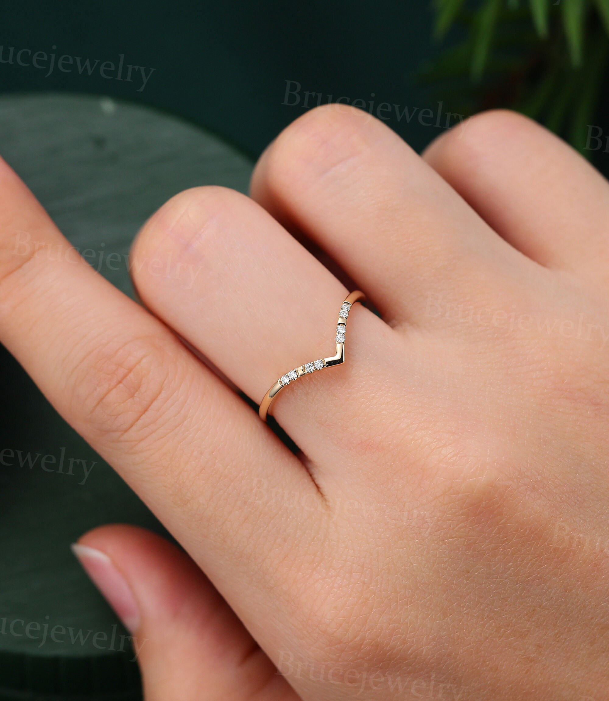 Curved Moissanite Wedding Band Vintage Yellow Gold Wedding Band Unique ...