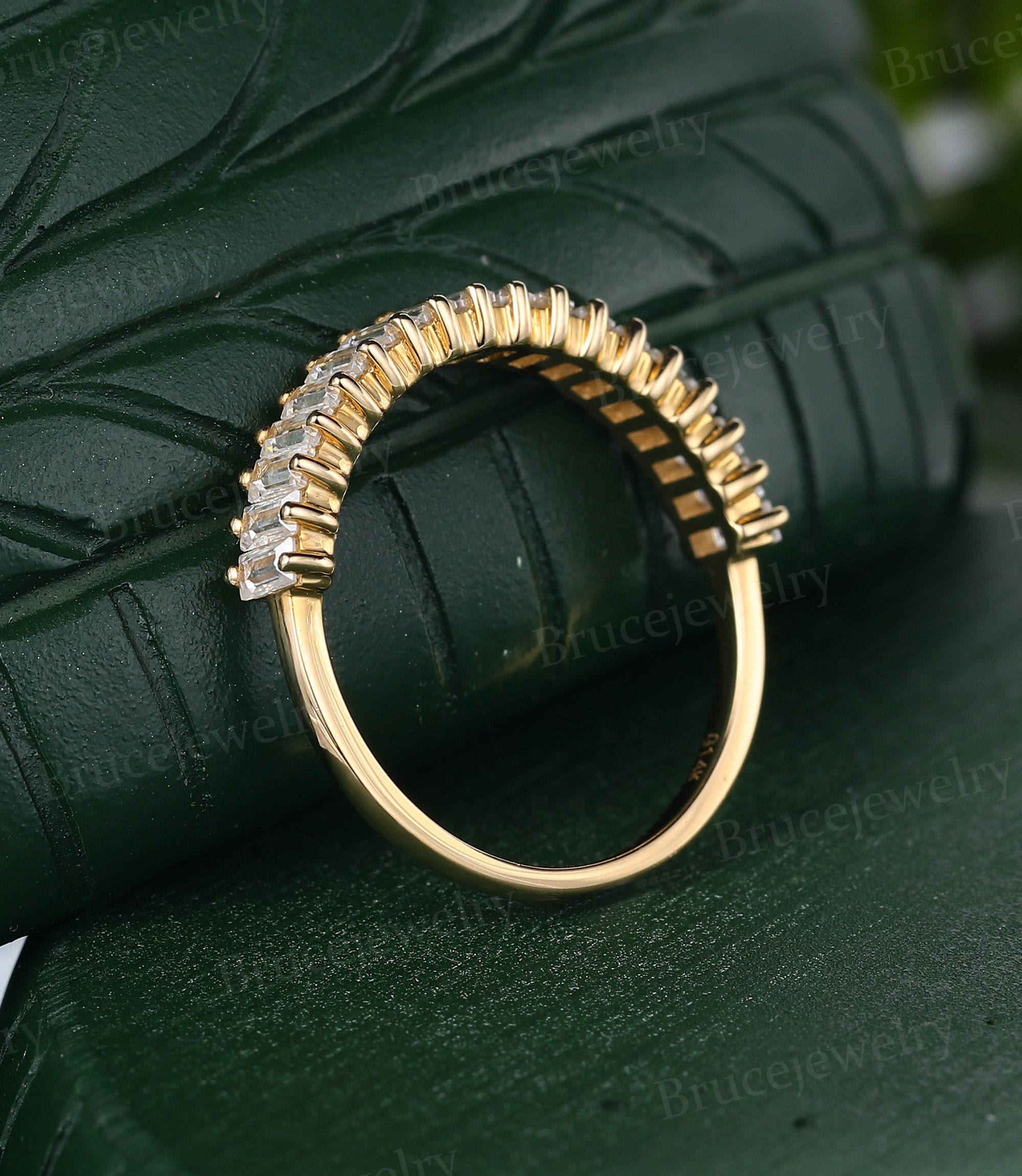 Baguette Cut Moissanite Wedding Band Vintage Yellow Gold Ring Half ...