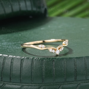 Unique moissanite curved wedding band Vintage yellow gold diamond wedding band Dainty women matching ring Stacking band Promise band image 3