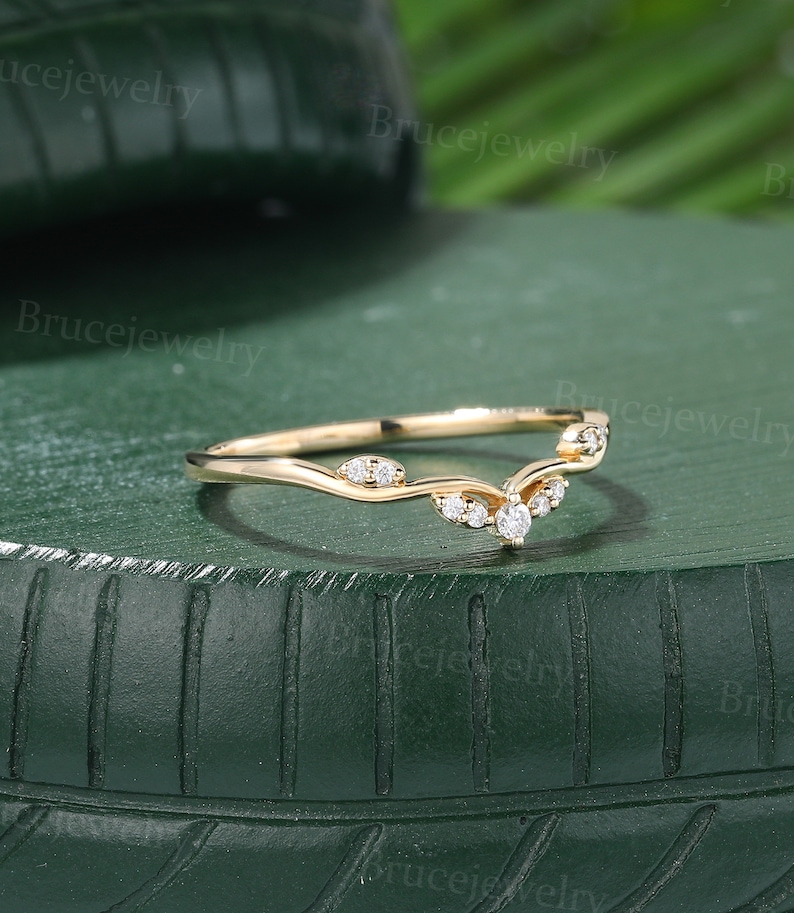 Unique moissanite curved wedding band Vintage yellow gold diamond wedding band Dainty women matching ring Stacking band Promise band image 3