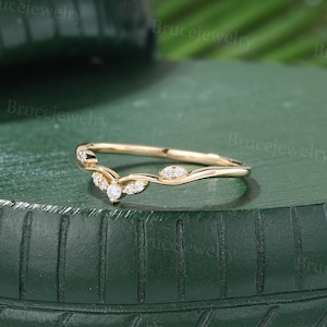 Unique moissanite curved wedding band Vintage yellow gold diamond wedding band Dainty women matching ring Stacking band Promise band image 2