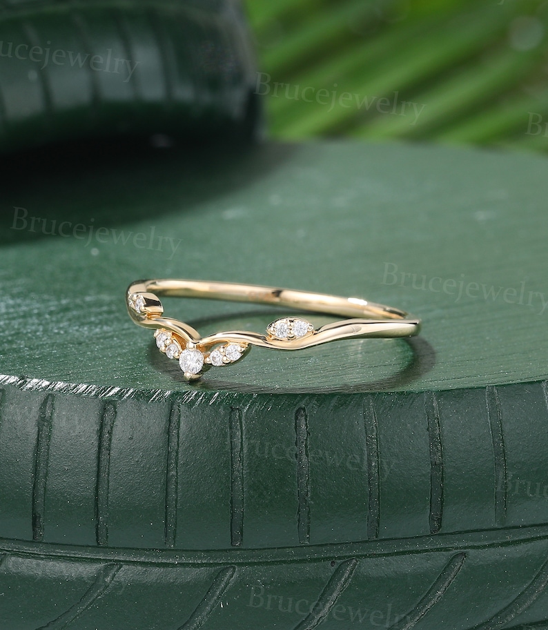 Unique moissanite curved wedding band Vintage yellow gold diamond wedding band Dainty women matching ring Stacking band Promise band image 2