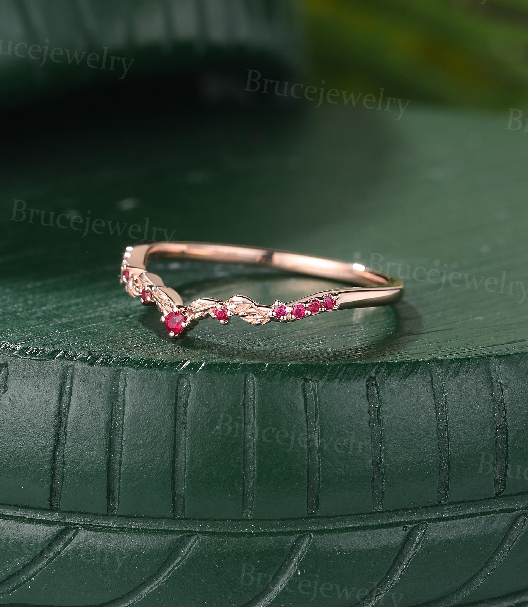 Ruby Stackable Aniversary Rings Vintage Ruby Stacking Curved Wedding Band Solid Rose Gold Wedding Band ...