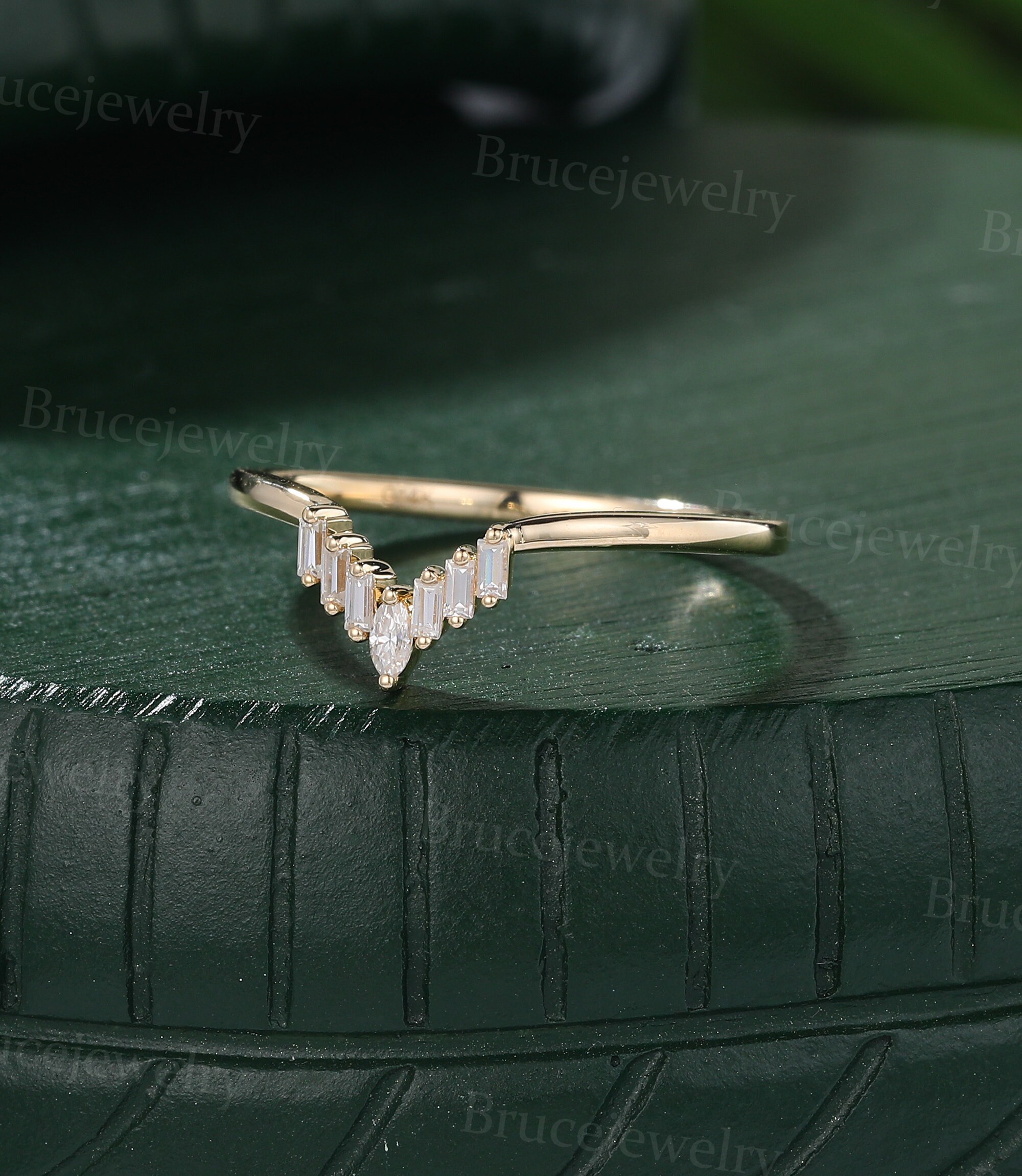 Marquise Cut Moissanite Wedding Band Vintage Yellow Gold Wedding Band ...