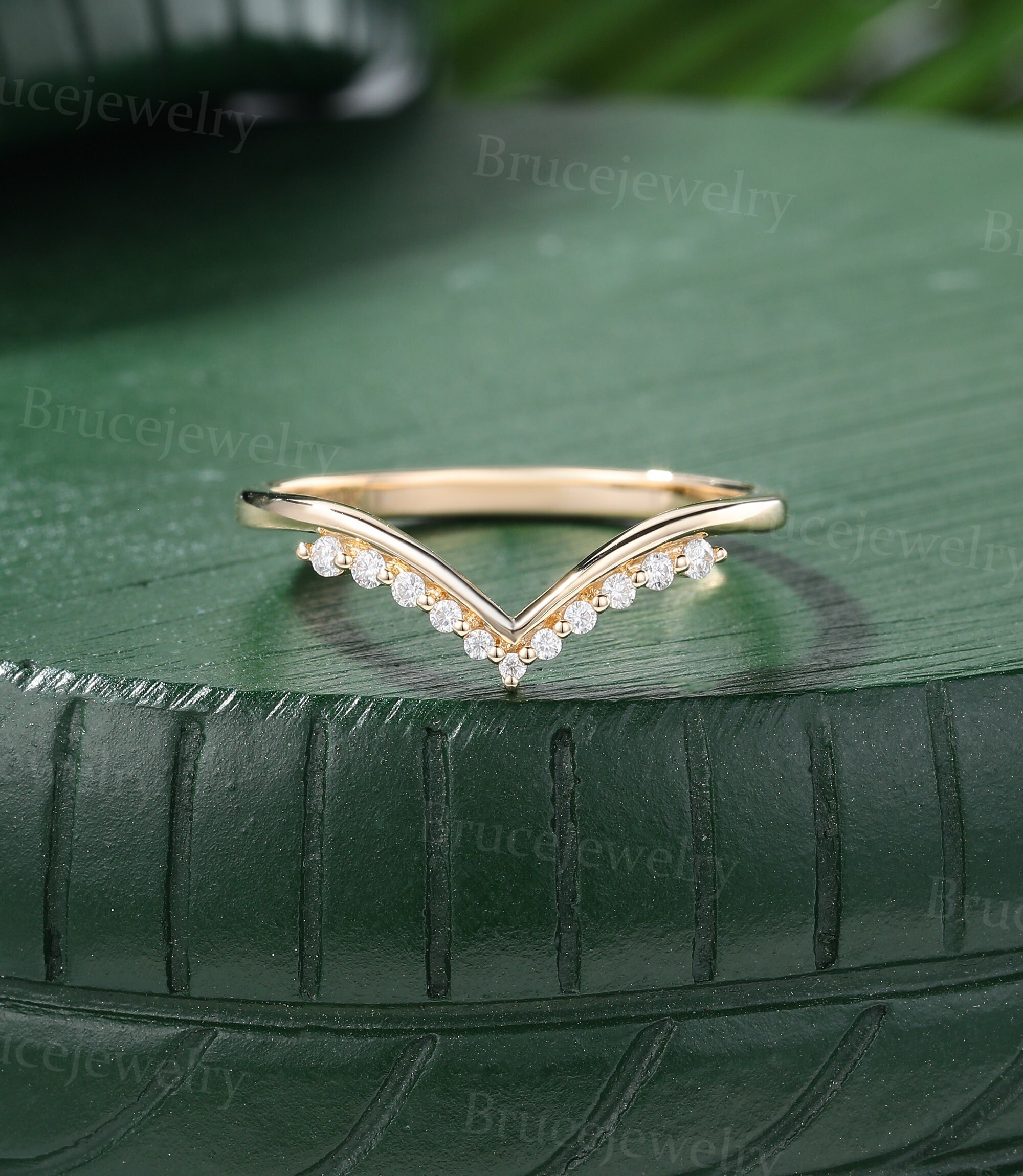 Unique Moissanite Curved Wedding Band Vintage Yellow Gold Diamond ...