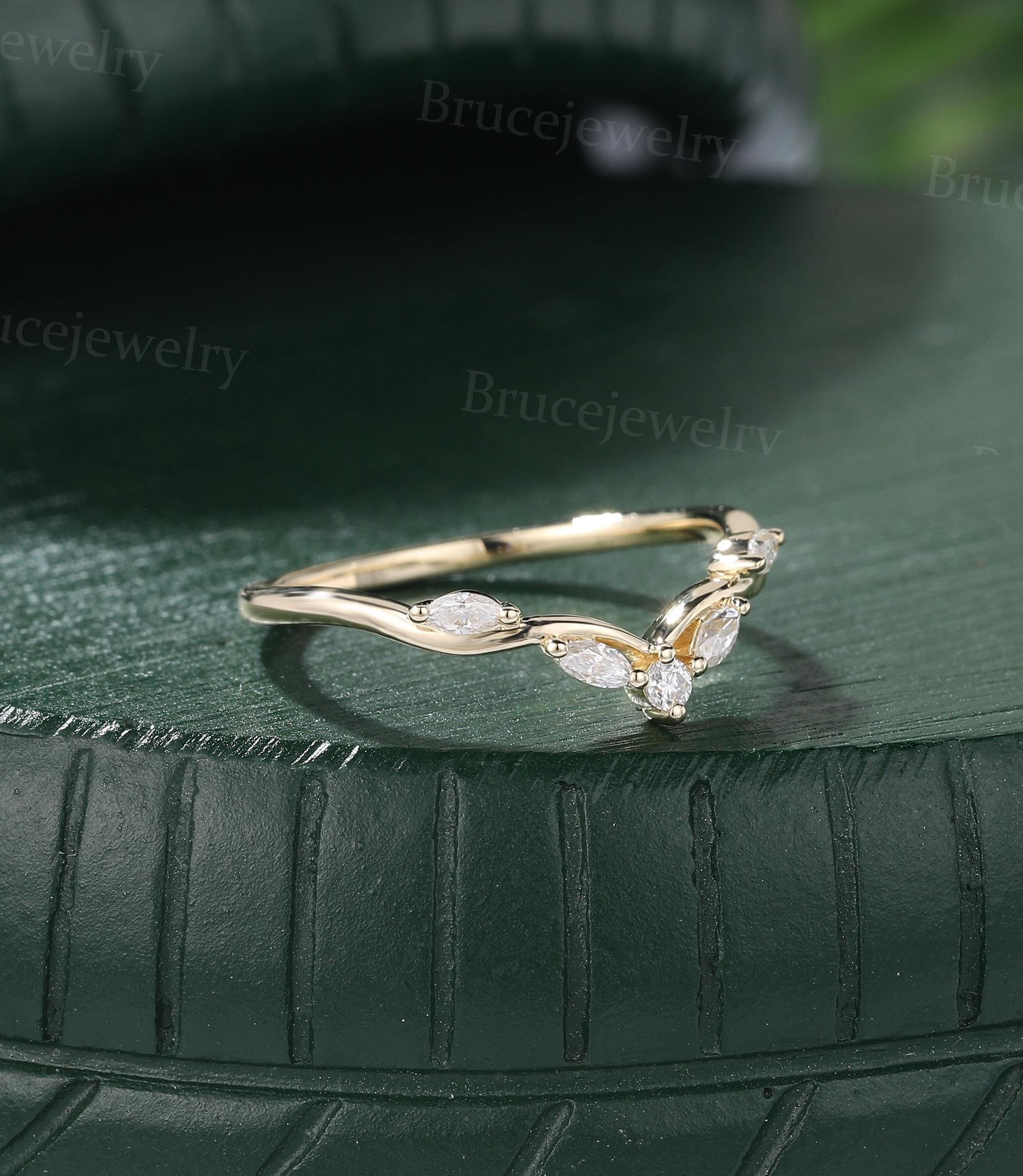 Marquise Cut Moissanite Wedding Band Vintage Yellow Gold Curved Wedding ...