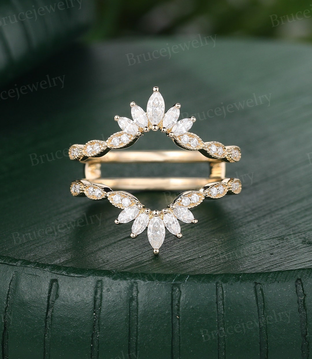 Marquise Cut Moissanite Curved Wedding Band Vintage Yellow Gold ...