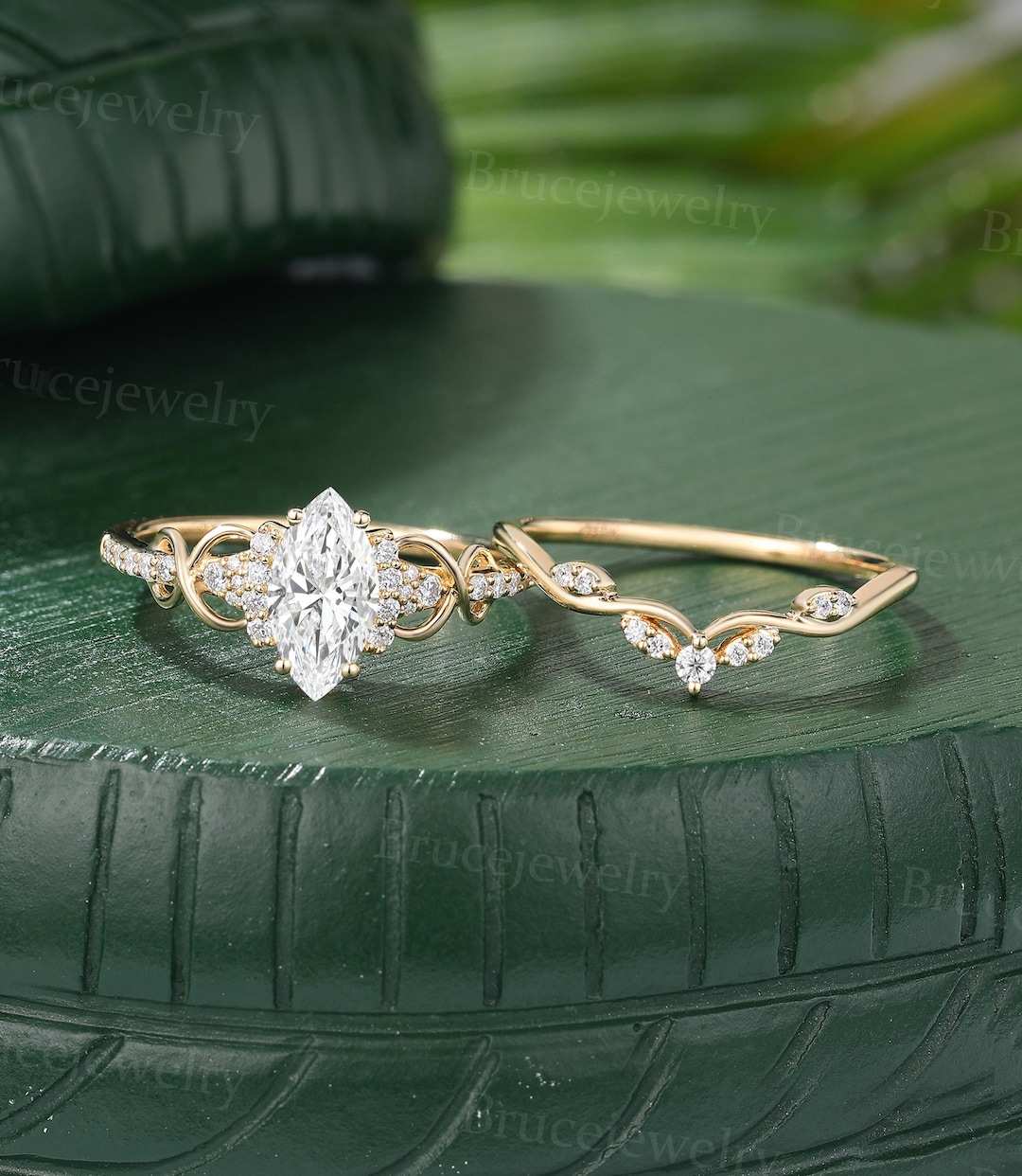 1CT Marquise Lab Grown Diamond Engagement Ring Set Vintage Yellow Gold ...
