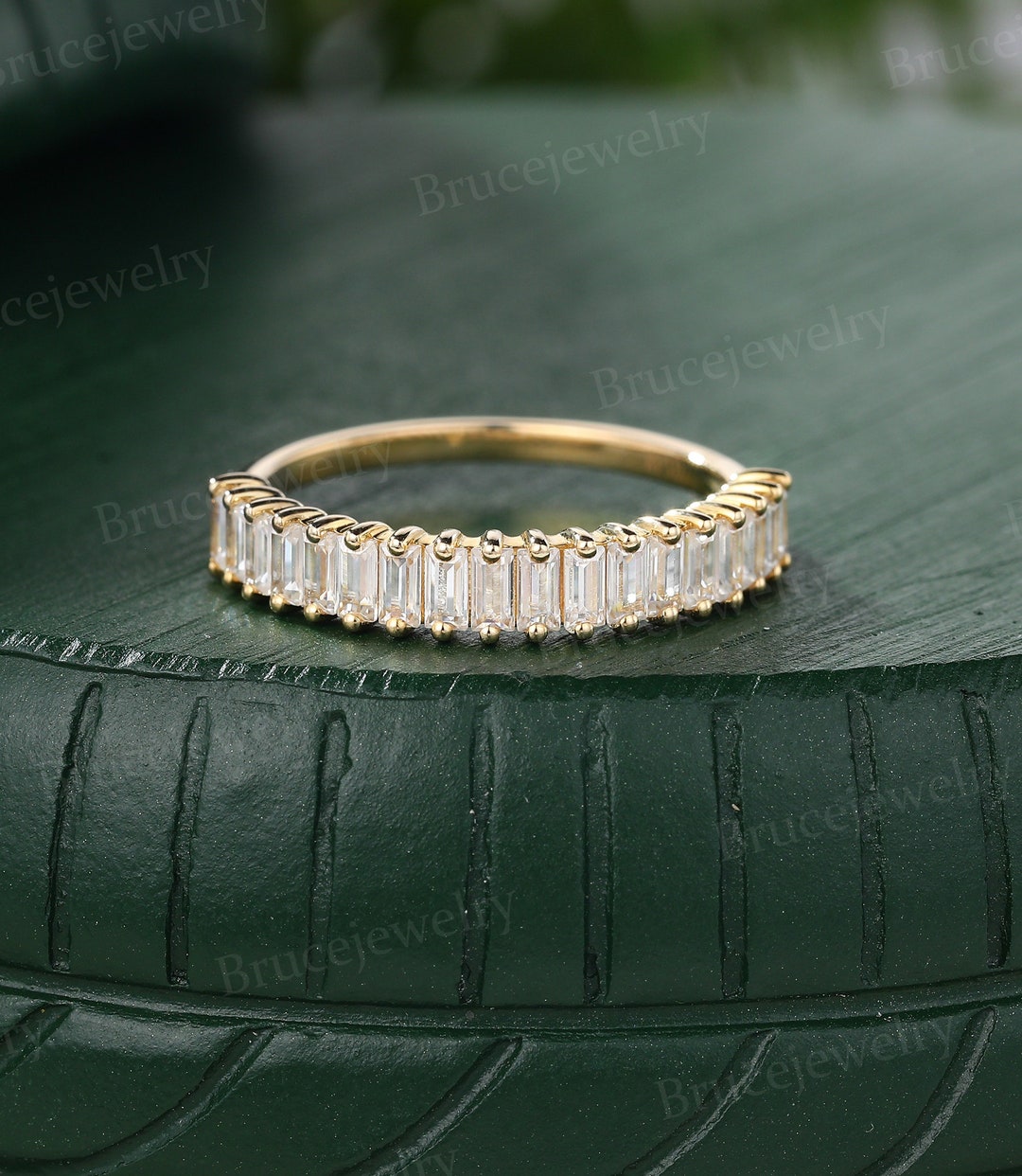 Baguette Cut Moissanite Wedding Band Vintage Yellow Gold Ring Half ...