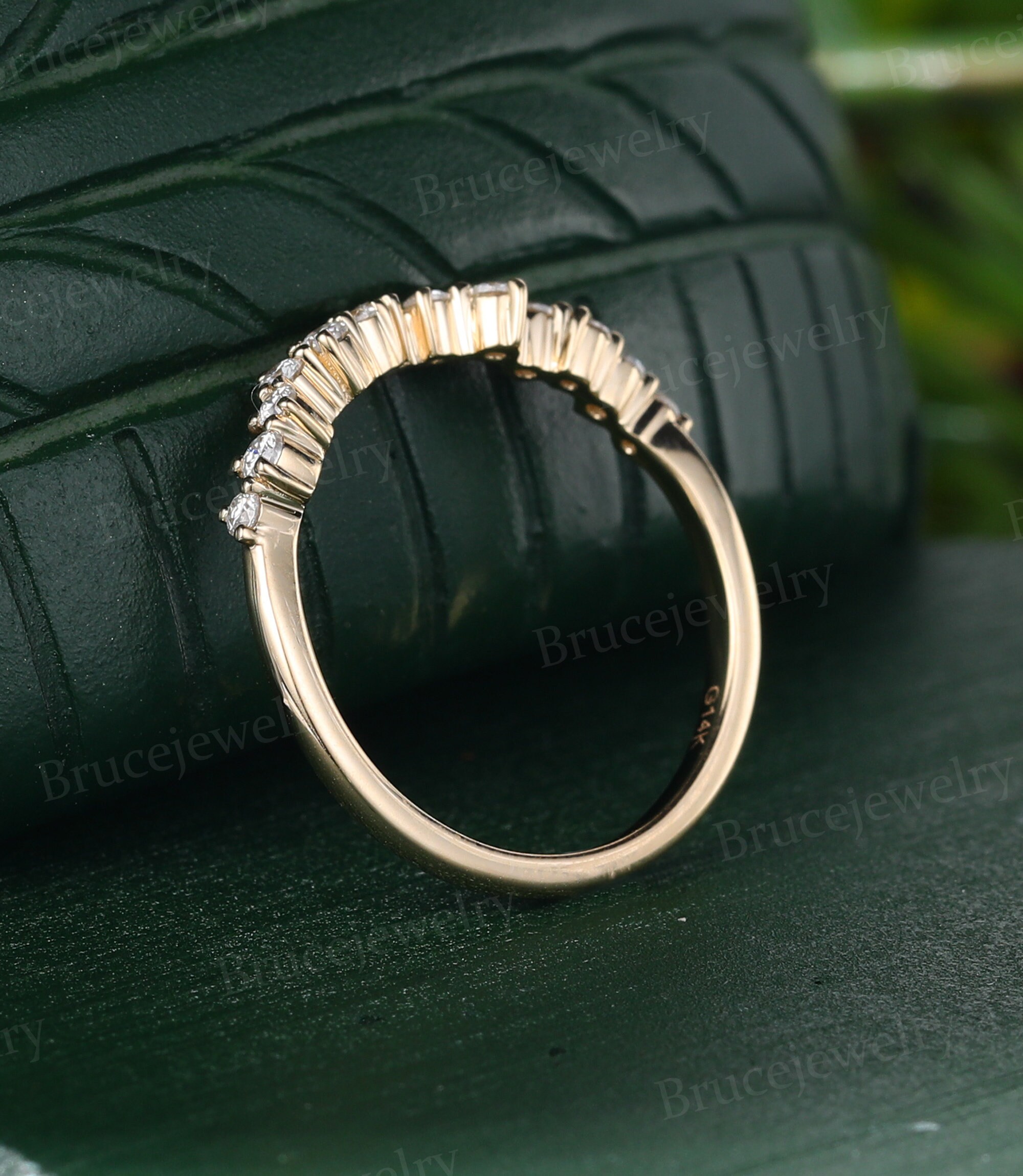 Moissanite Wedding Band Vintage Yellow Gold Curved Wedding Band Unique ...