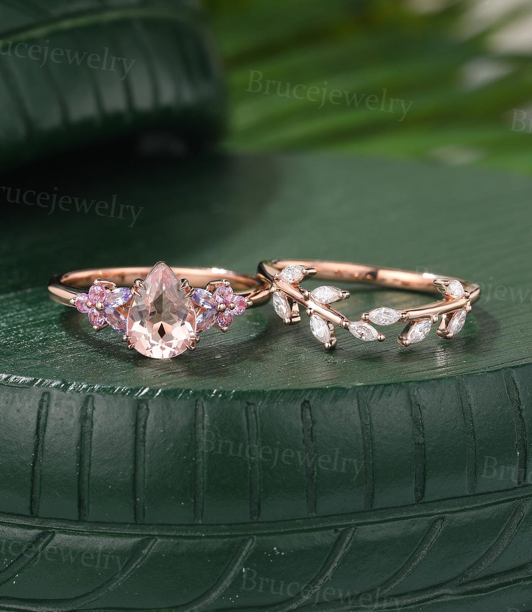 Pear Shaped Morganite Engagement Ring Set Rose Gold Moissanite Bridal ...