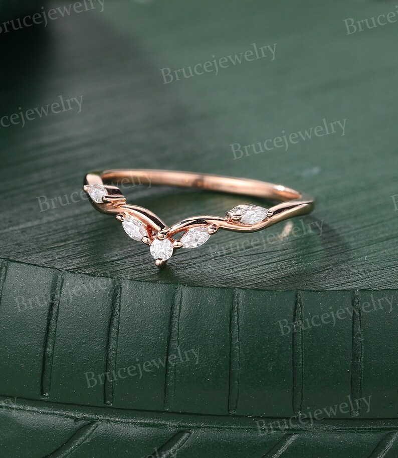 Marquise Cut Moissanite Wedding Band Vintage Rose Gold Curved Wedding ...