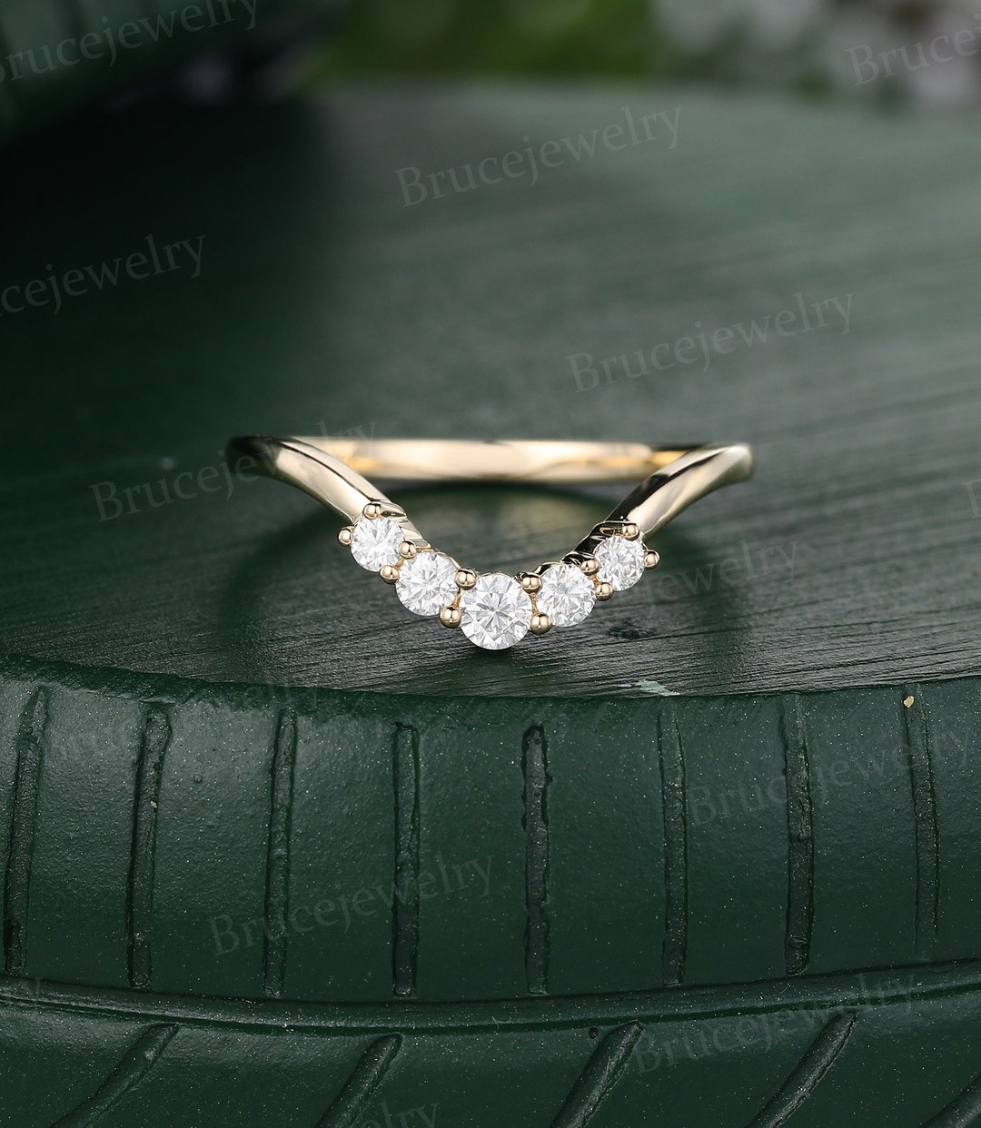 Moissanite Curved Wedding Band Vintage Yellow Gold Wedding Band Unique ...