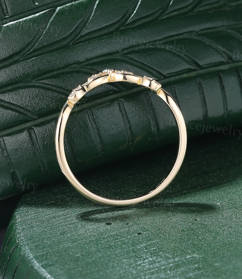 Unique moissanite curved wedding band Vintage yellow gold diamond wedding band Dainty women matching ring Stacking band Promise band image 4