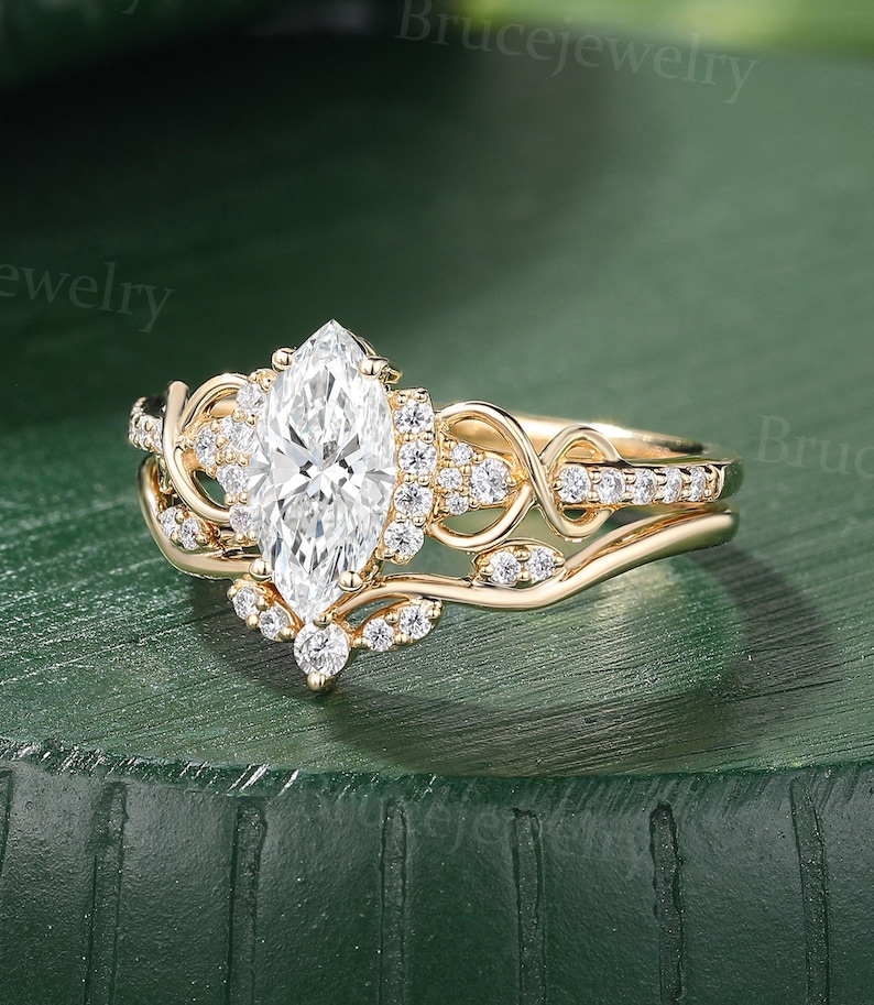 1CT Marquise Lab Grown Diamond Engagement Ring Set Vintage Yellow Gold ...