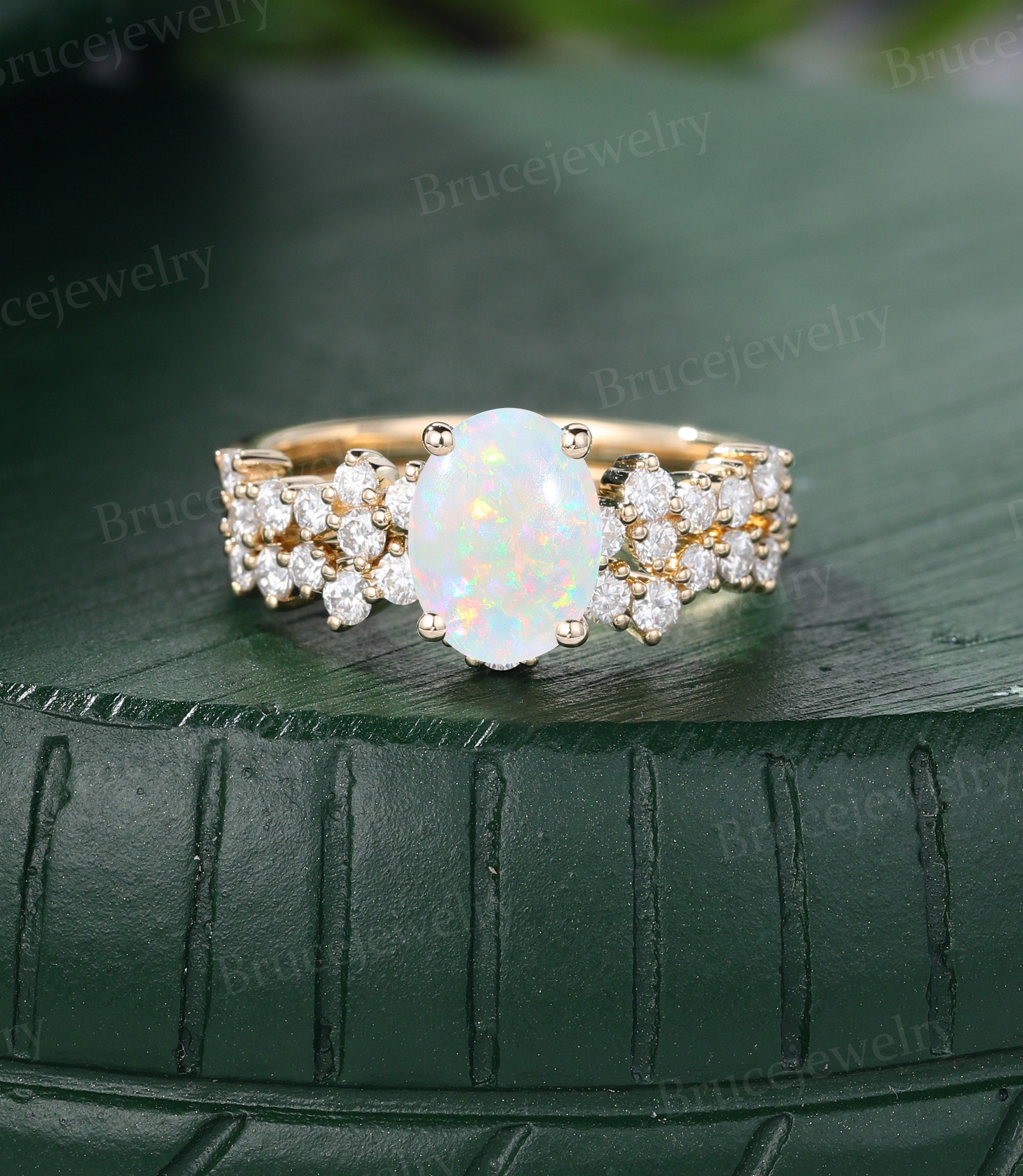 Oval Cut Natural Opal Engagement Ring Set 14K Yellow Gold Moissanite ...